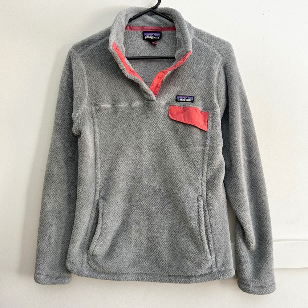Patagonia Re-Tool Snap-T Fleece Pullover Gray Coral Pink Polartec Womens Large